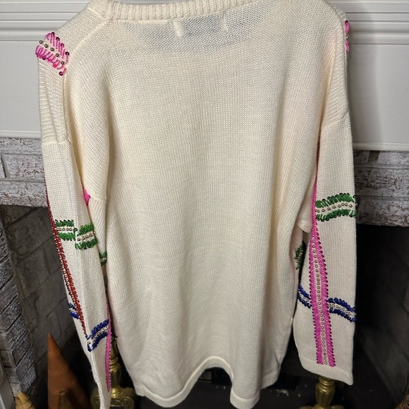 Vintage VTG 80s 90s Cream rainbow sequined Crew Neck Sweater Decorative Trim - Picture 4 of 5